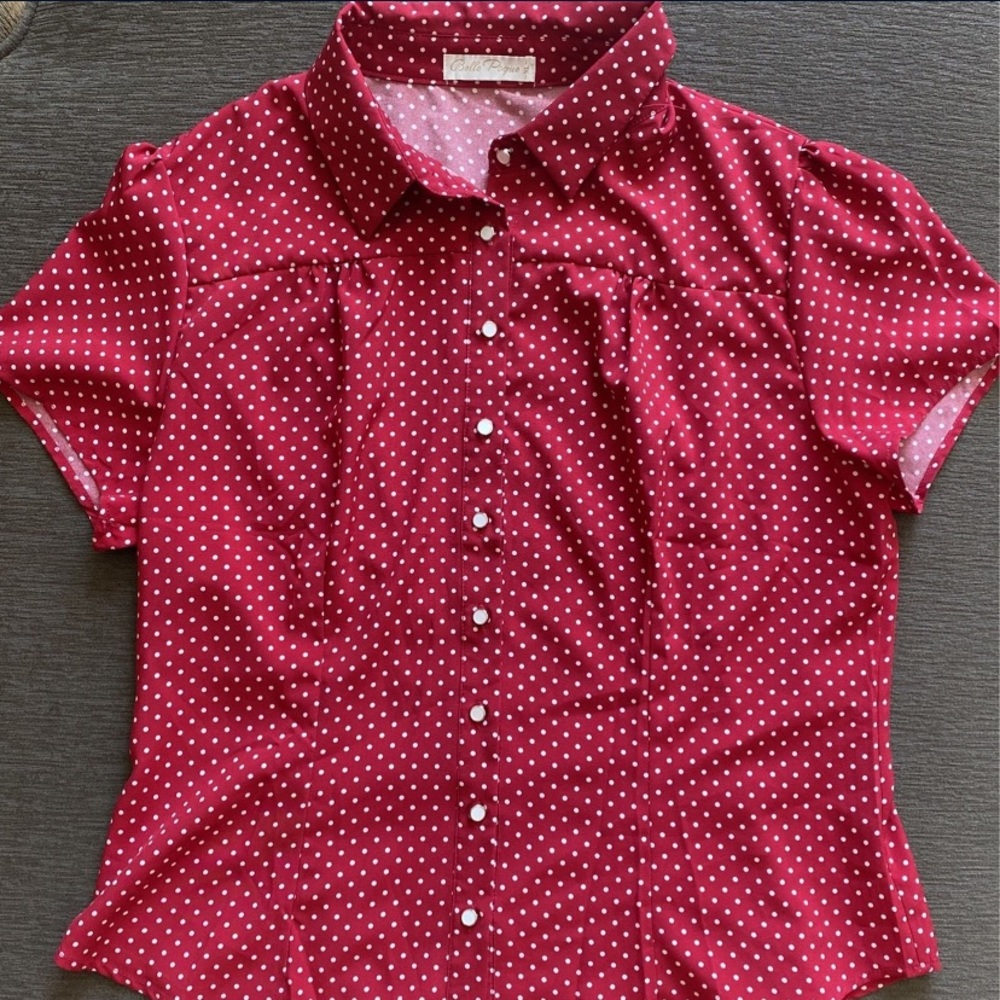 Red blouse w white polka dots - button up XL - stretchy material - used once